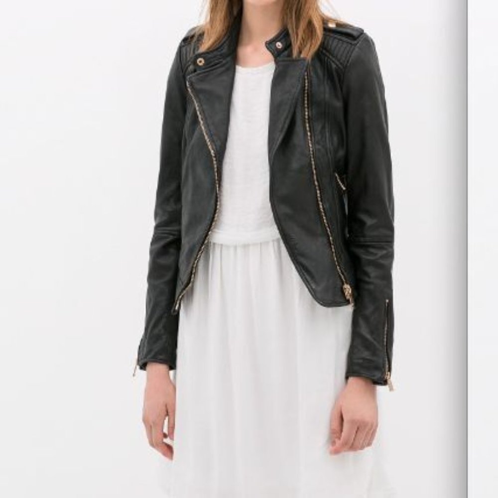 Zara Black Genuine Leather Jacket - Size XL